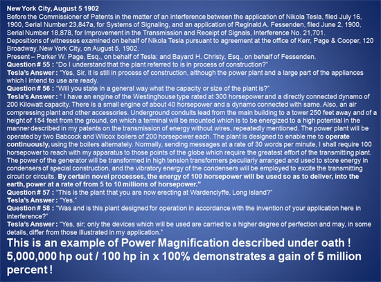 Slide 5: Nikola Tesla testimony under oath on power magnification