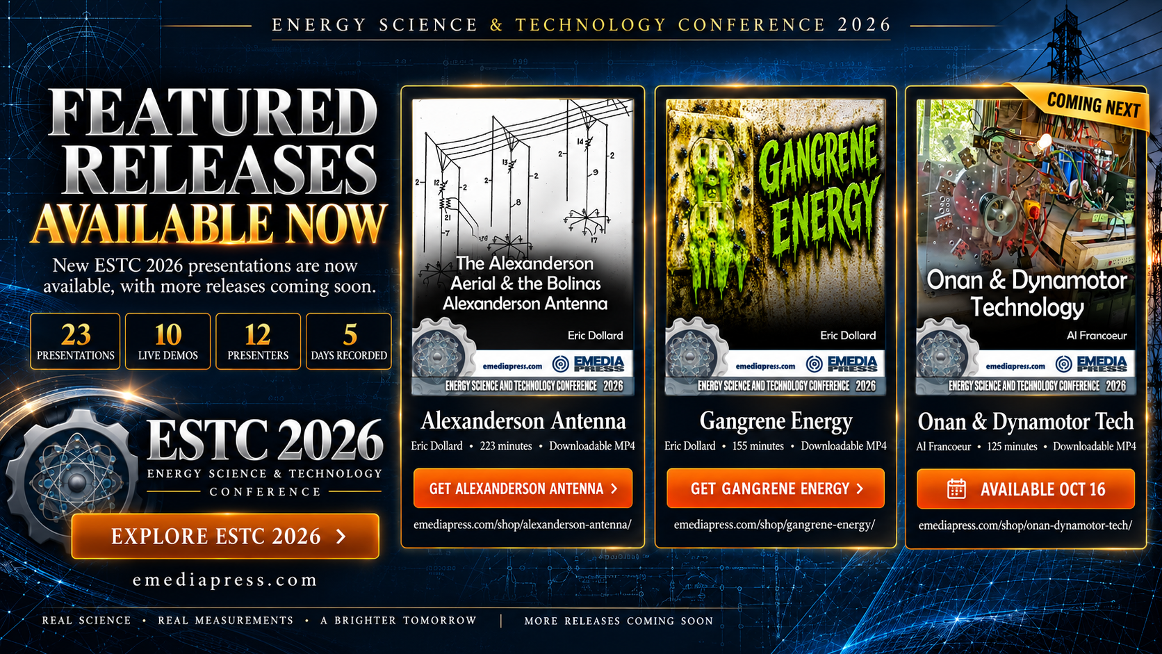 ESTC 2026 featured releases: Alexanderson Antenna and Gangrene Energy available now, Onan and Dynamotor Technology coming October 16.