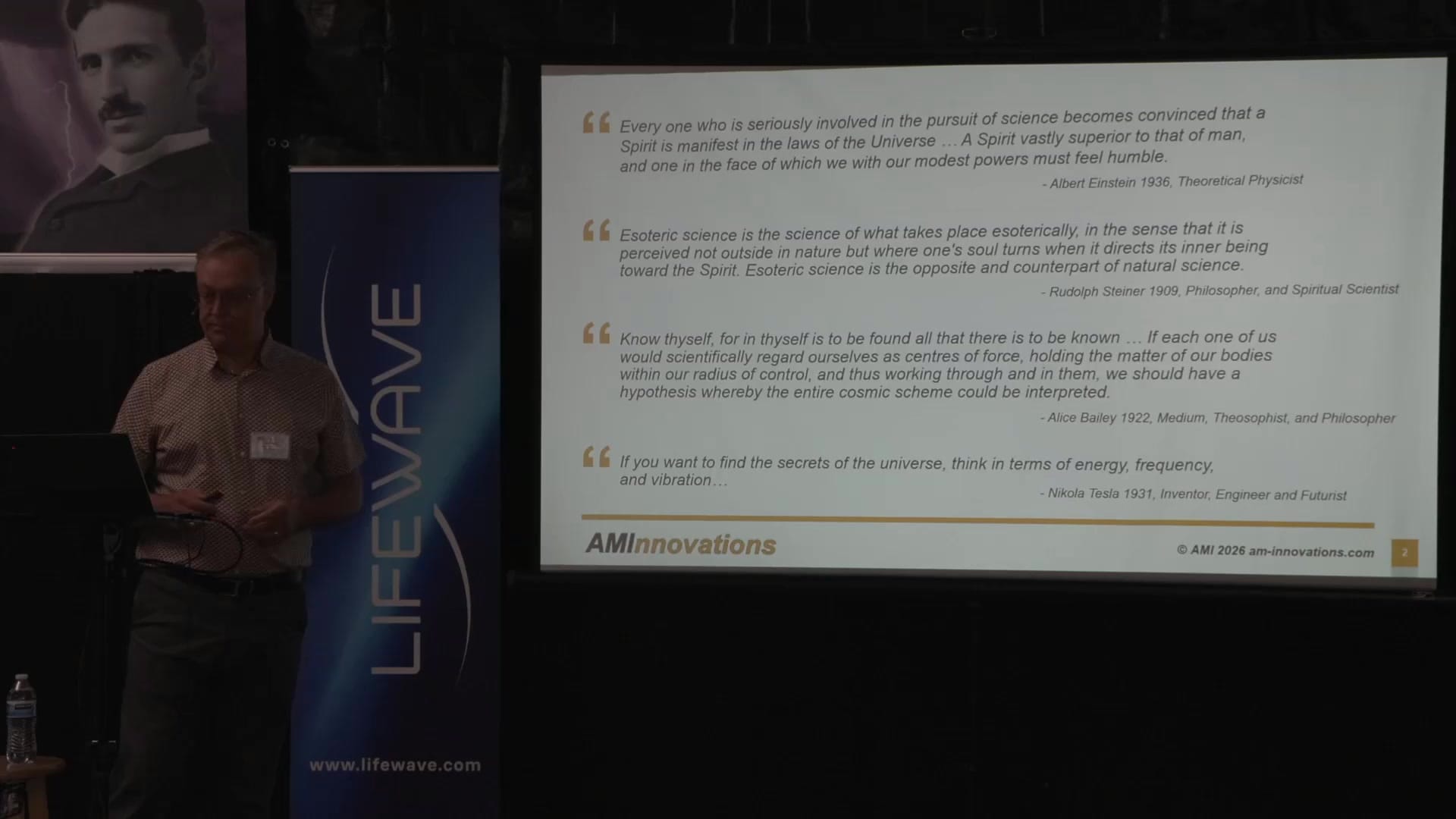 Adrian Marsh on stage at ESTC 2026, opening with the quotations that frame his idea of true science