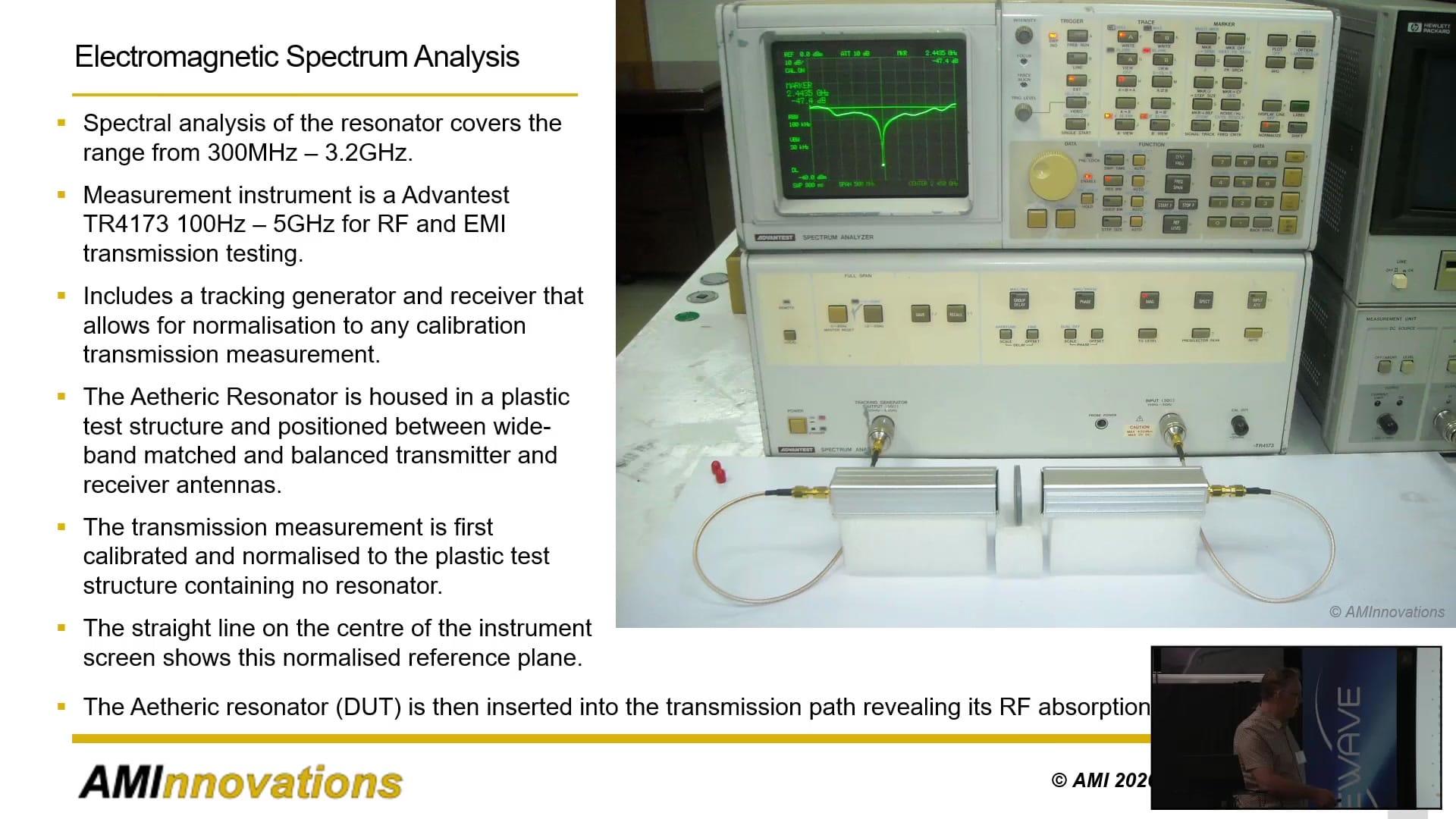 Electromagnetic spectrum analysis bench: the Advantest TR4173 analyzer with the resonator test structure between matched antennas