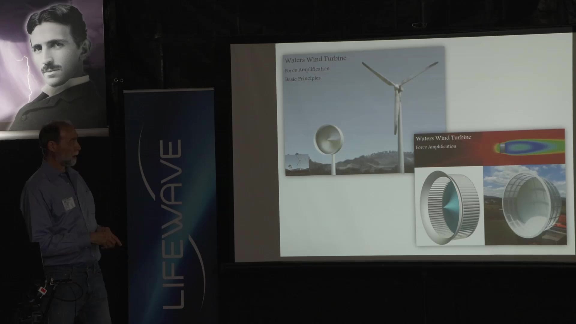 The Waters wind turbine shown against a conventional three-blade machine, with a flow visualization