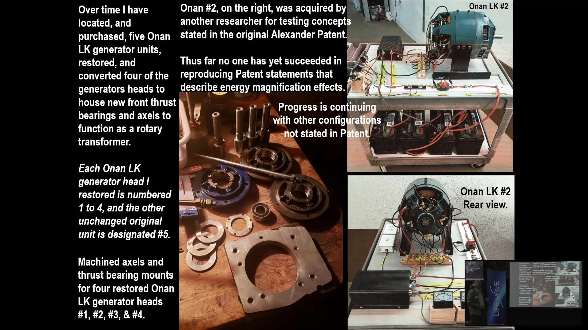 Onan LK generator units, four of the five restored, with machined axles and thrust bearing mounts