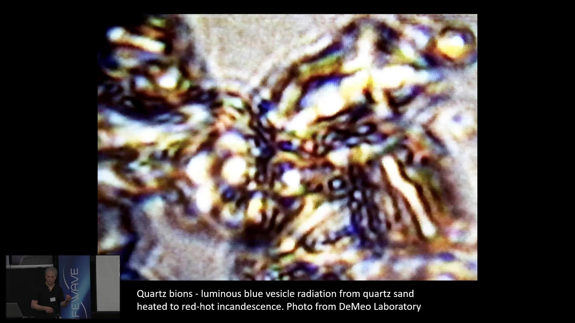 Quartz bions: luminous blue vesicle radiation from quartz sand heated to incandescence, photo from the DeMeo Laboratory