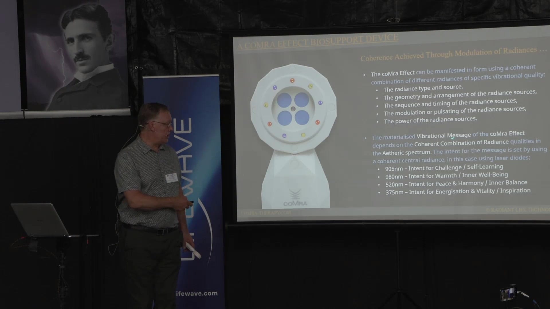 The coMra Effect biosupport device slide with its laser wavelength intents: 905, 980, 520 and 375 nm