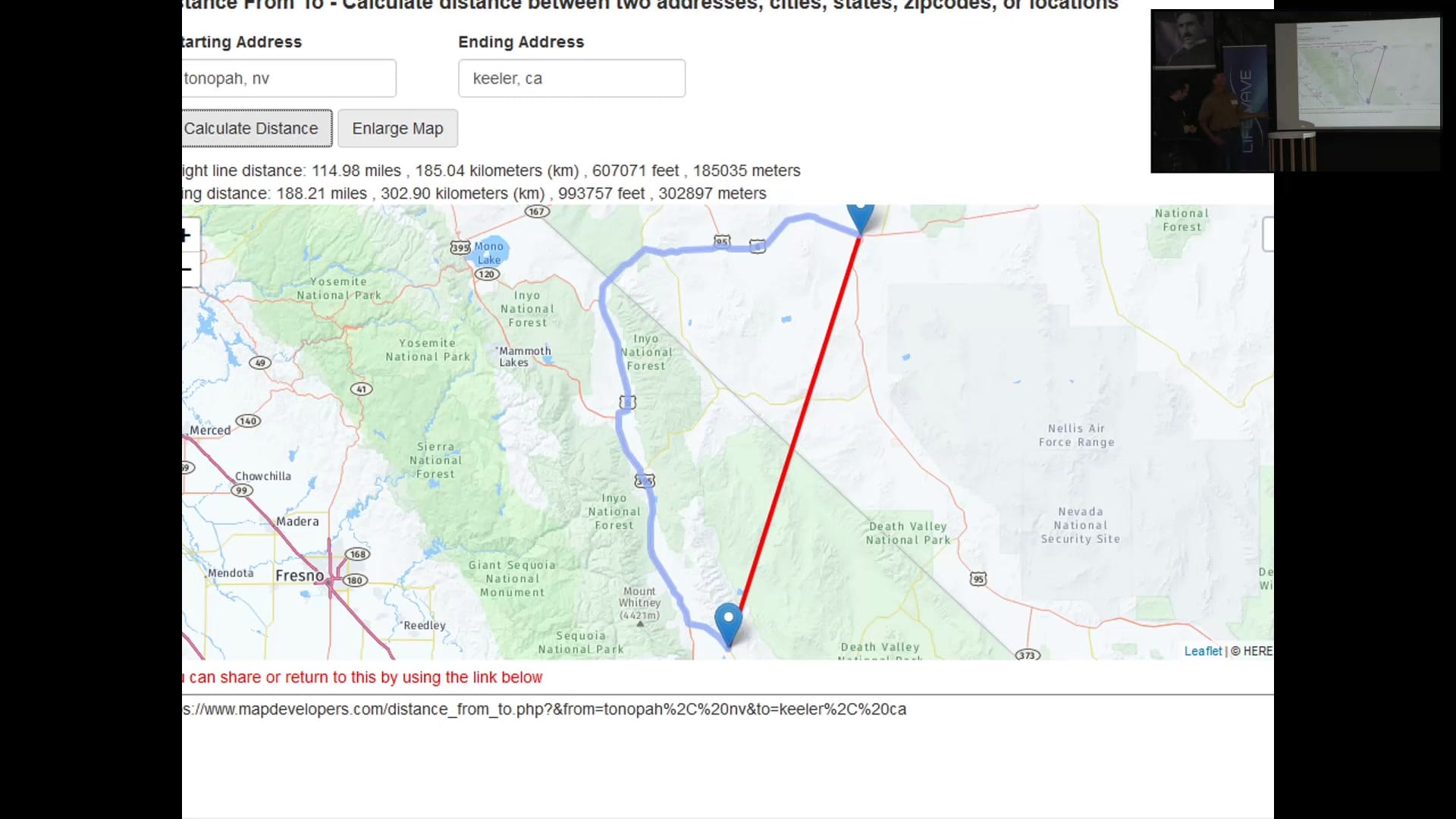 Distance calculation from Tonopah, Nevada to Keeler, California: 114.98 miles straight line