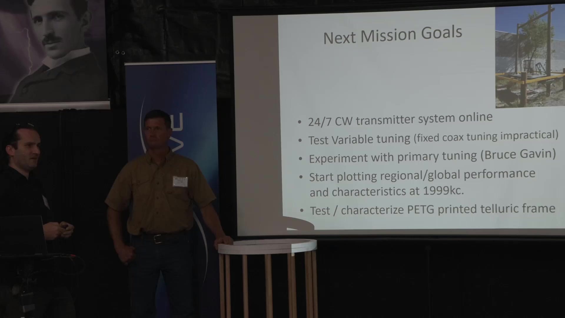 Next Mission Goals slide: 24/7 CW transmitter online, variable tuning, primary tuning experiments, regional performance plotting